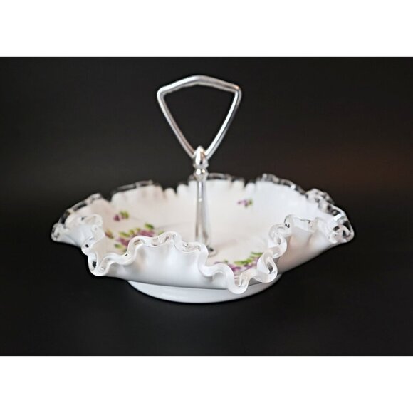 Vintage Fenton Ruffled Tidbit Candy Dish Milk Glass Silver Crest Handle Violets - Picture 2 of 5